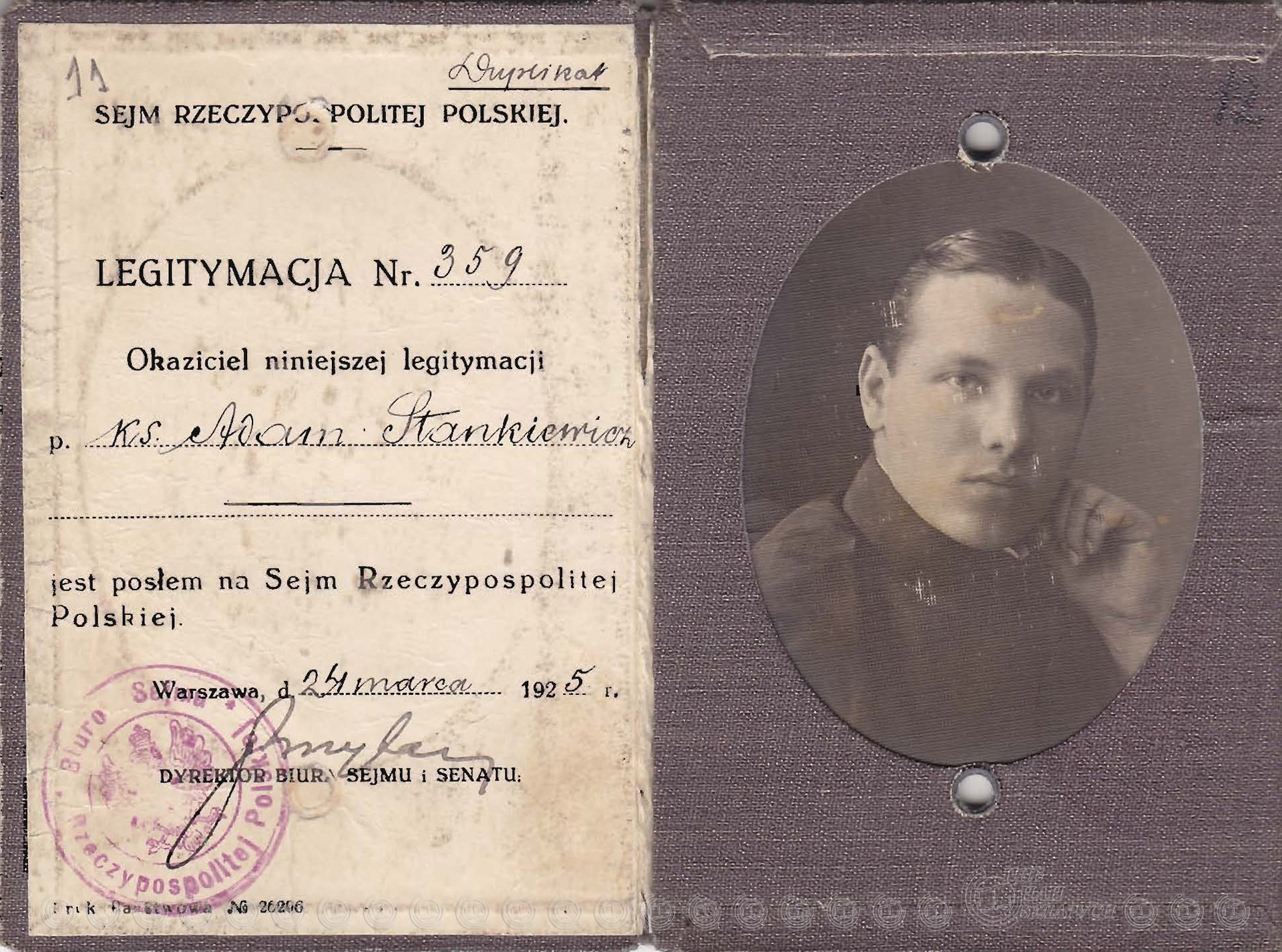 Удостоверение посла в Польский сейм на имя Адама Станкевича. 1925 год.