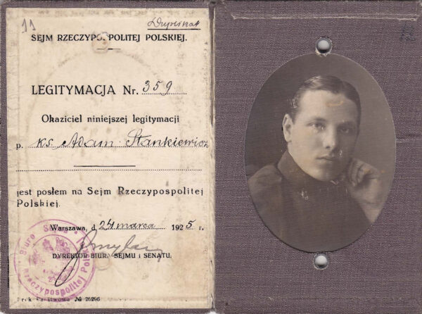 Удостоверение посла в Польский сейм на имя А. Станкевича. 1925 г.