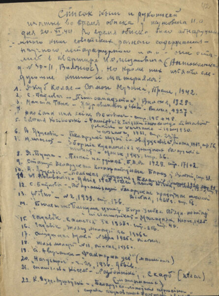 Список книг и рукописей, конфискованных у Я. Шутовича во время обыска. 1944 г.