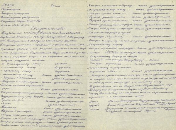 Свидетельство об окончании Петроградского университета и аттестационный лист И. Волк-Леоновича. Копия