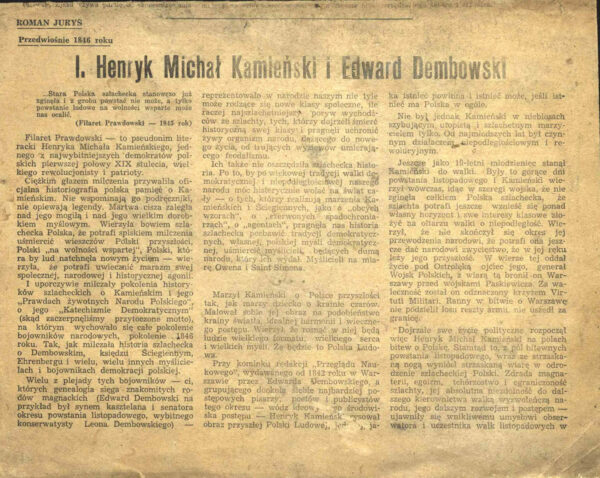 Статья Романа Юрися «Henryk Michal Kamienski I Edward Dembowski». Вырезка из газеты «Nowe widnokrȩgi» (1945)